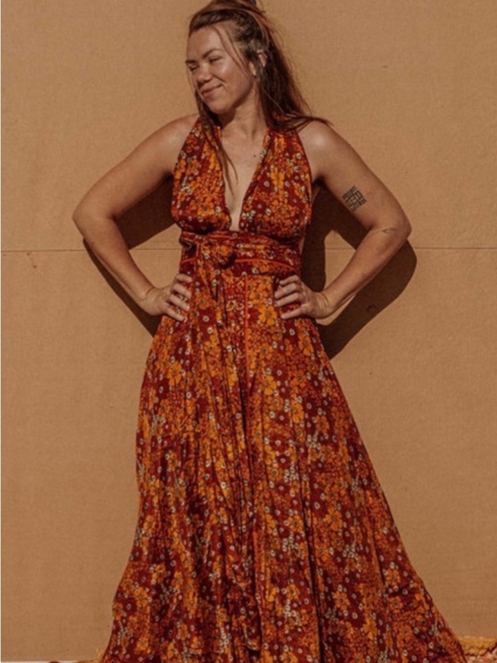 Gardenbelle Shop XXS/XS Silk Blend Floral Halter Wide Leg Jumpsuit Boho Festival